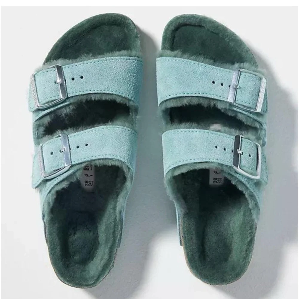 NWT BIRKENSTOCK ARIZONA  TEAL SUEDE SHEARLING SANDALS  ll  SZ- 265 / 41 - Picture 2 of 11